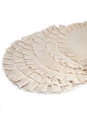 6pc Set Round Burlap Placemats 15" Natural Beige Ruffled Rustic Woven Table Mats